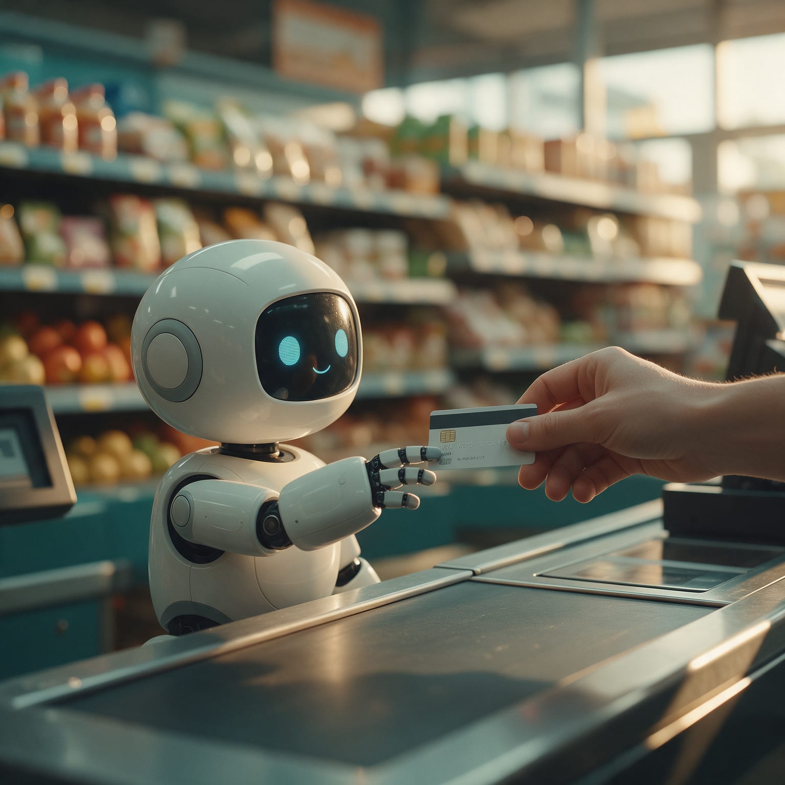 Una mano entrega una tarjeta de crédito a un pequeño robot asistente en la caja de un supermercado