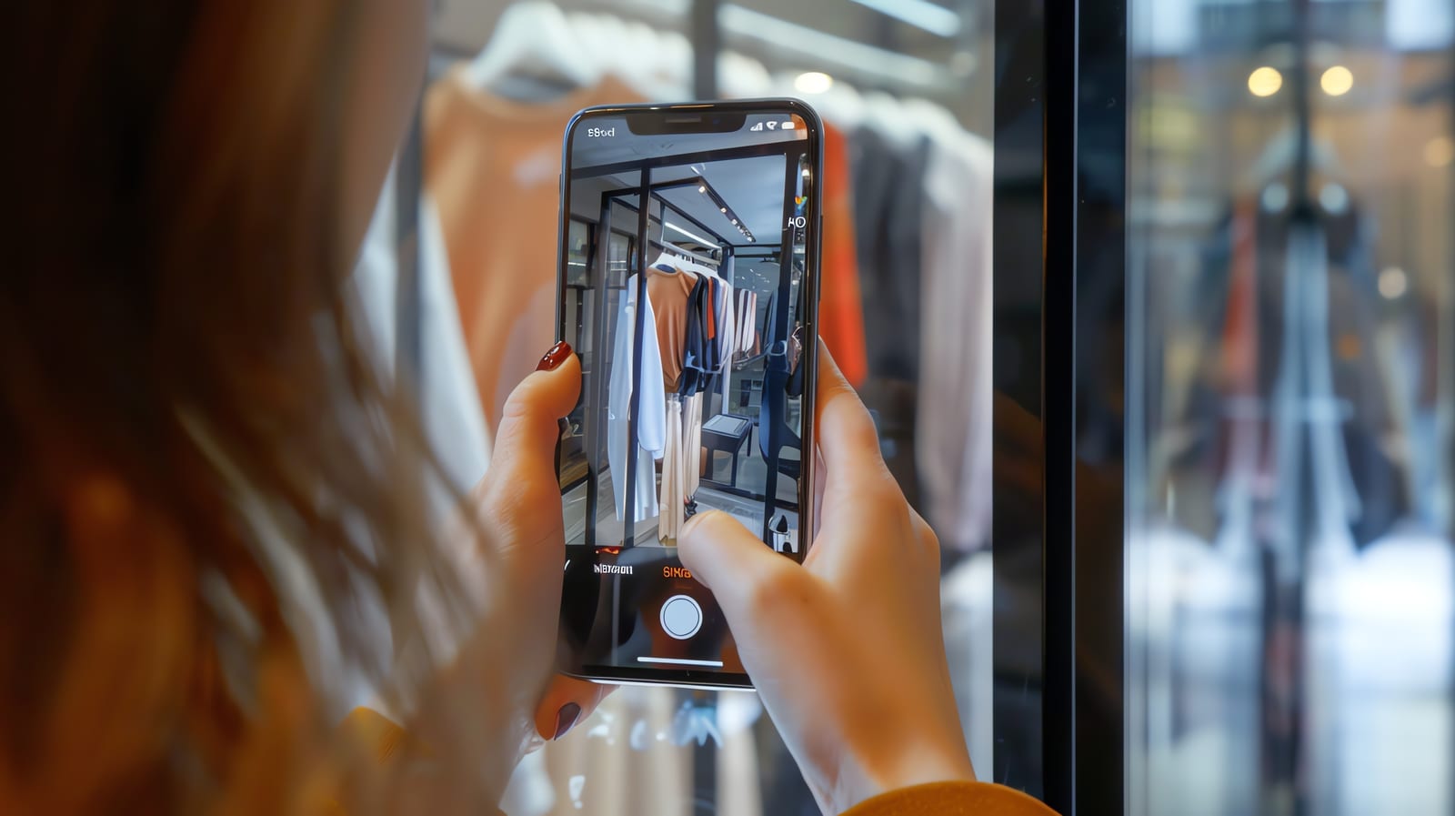 Mujer fotografiando con el móvil el escaparate de una tienda de ropa