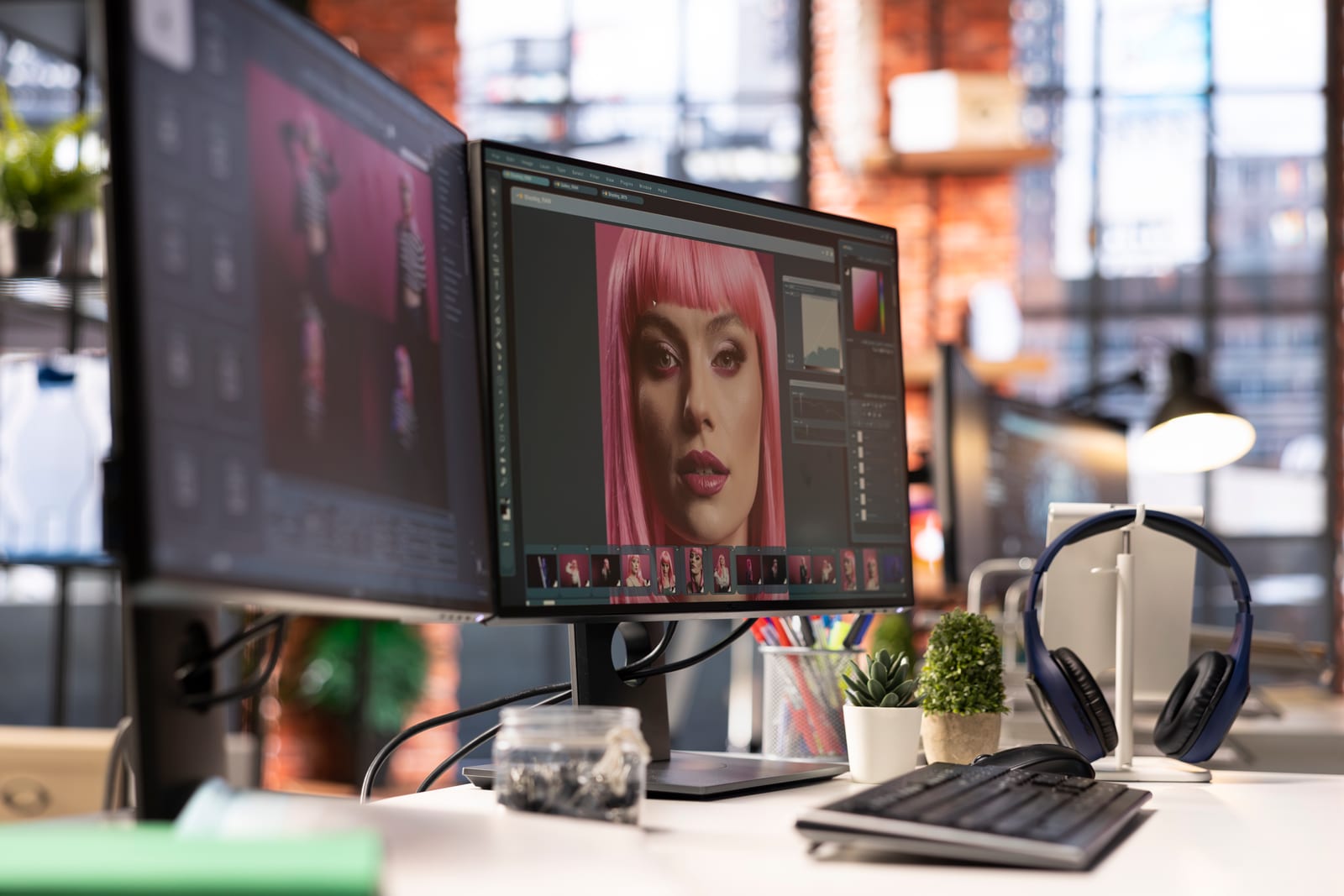 Puesto de trabajo de edición fotográfica con software de retoque en pantalla